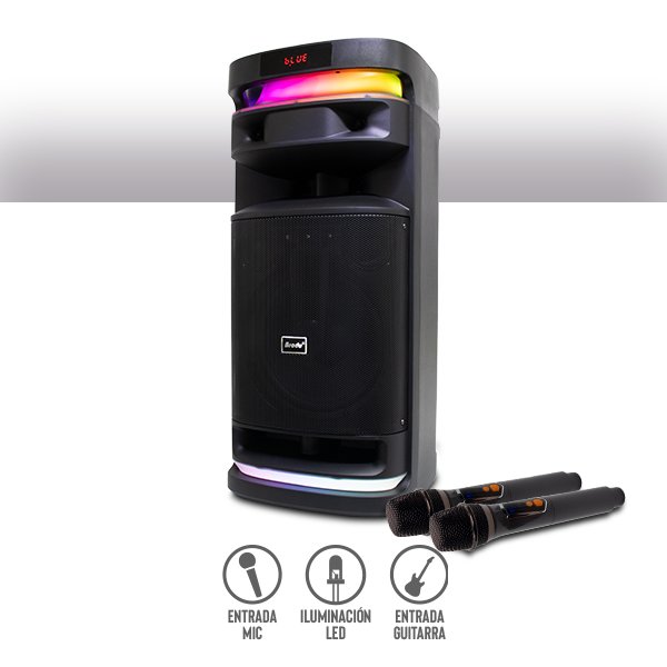 Bocina Bluetooth 10″ con 2 Micrófonos Inalámbricos