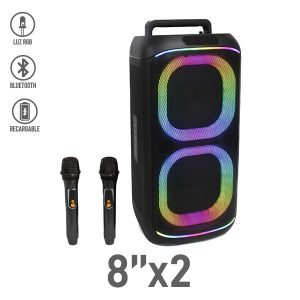 Bocina Bluetooth 8″x2 con Luz RGB y 2 Micrófonos Inalámbricos