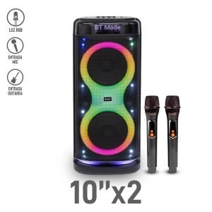 Bocina Bluetooth 10″x2 con Luz RGB y 2 Micrófonos Inalámbricos