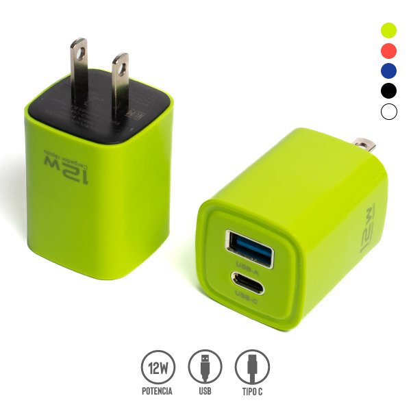 Cubo Cargador de 12W con Puerto USB y Tipo C