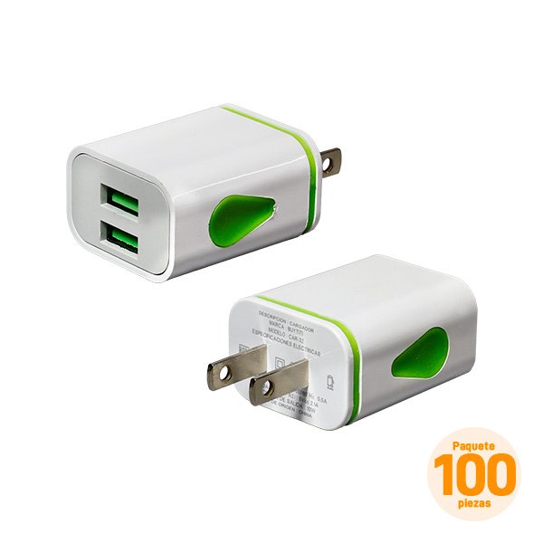 Cubos Cargadores de 10W con 2 Puertos USB, Paquete de 100 Pzs