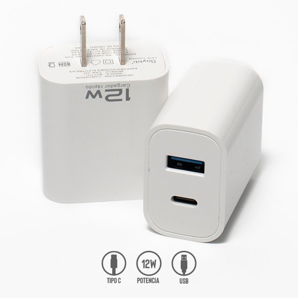 Cubo Cargador de 12W con Puerto USB y Tipo C