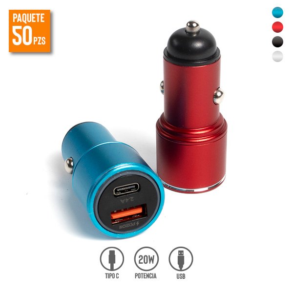 Cargadores para Automóvil de 20W con Puertos USB y Tipo C, Paquete de 50 Pzs
