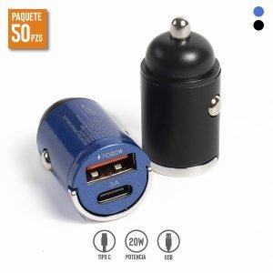 Cargadores para Automóvil de 20W con Puertos USB y Tipo C, Paquete de 50 Pzs