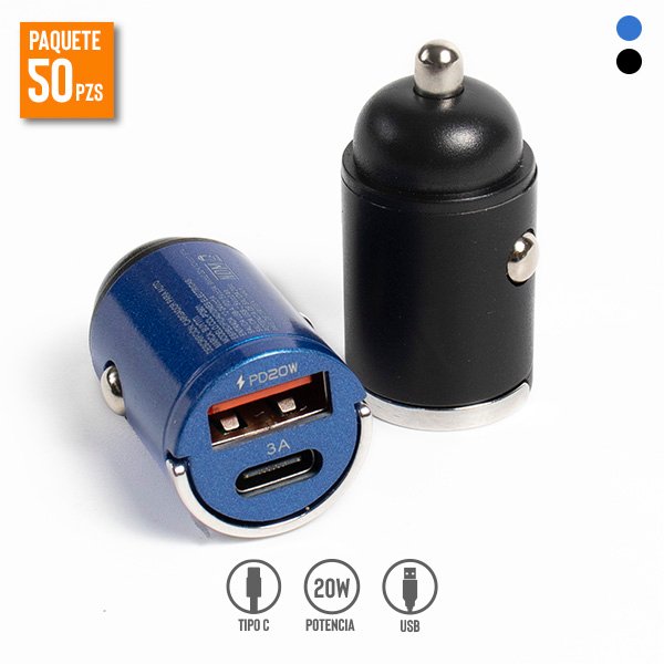 Cargadores para Automóvil de 20W con Puertos USB y Tipo C, Paquete de 50 Pzs