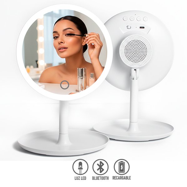 Bocina Bluetooth y Espejo Rotable con Luz LED