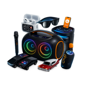 Collage de productos BagoTech: bocinas, audifonos, microfono y accesorios bluetooth